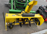 USED 2016 JOHN DEERE 1025R SUB-COMPACT TRACTOR / 24 HP YANMAR DIESEL /  HEATED CURTIS CAB / 54" DRIVE-OVER MID-MOWER / FRONT LOADER / 54" BUMPER SNOWBLOWER