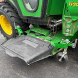 USED 2016 JOHN DEERE 1025R SUB-COMPACT TRACTOR / 24 HP YANMAR DIESEL /  HEATED CURTIS CAB / 54" DRIVE-OVER MID-MOWER / FRONT LOADER / 54" BUMPER SNOWBLOWER