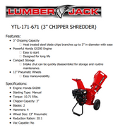 Lumberjack 3" Chipper Shredder- Honda GX270 Engine- Gasoline- LJCK YTL-171-671